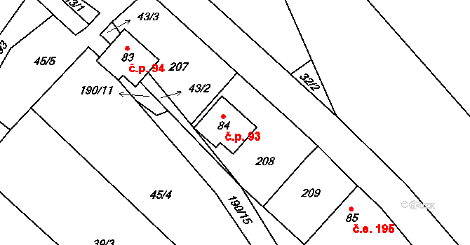 Klíny 93 na parcele st. 84 v KÚ Klíny I, Katastrální mapa