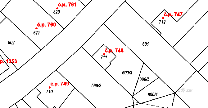 Neratovice 748 na parcele st. 711 v KÚ Neratovice, Katastrální mapa