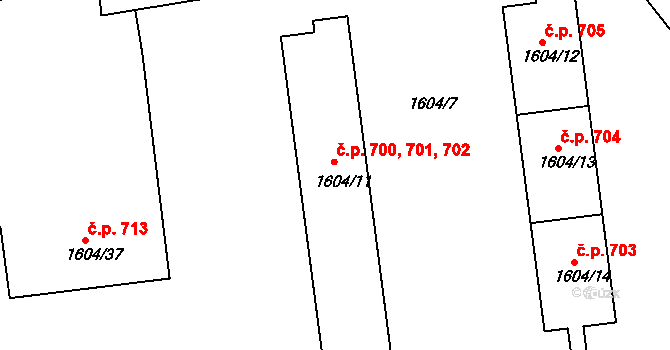 Pražské Předměstí 700,701,702, Jaroměř na parcele st. 1604/11 v KÚ Jaroměř, Katastrální mapa