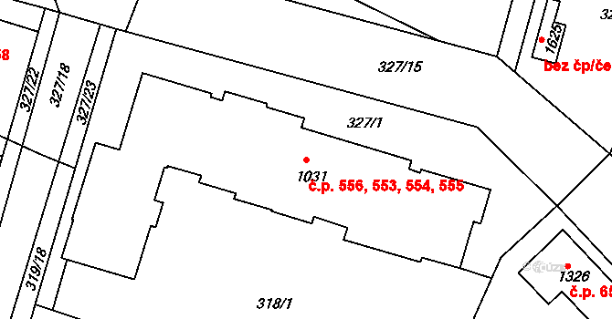 Rosice 553,554,555,556, Pardubice na parcele st. 1031 v KÚ Rosice nad Labem, Katastrální mapa