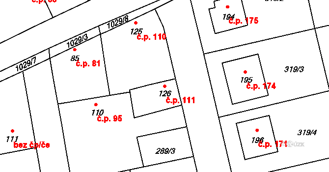 Veltěže 111 na parcele st. 126 v KÚ Veltěže, Katastrální mapa