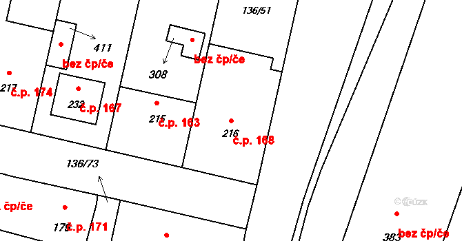 Příchovice 168 na parcele st. 216 v KÚ Příchovice u Přeštic, Katastrální mapa