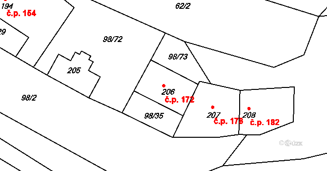 Rataje nad Sázavou 172 na parcele st. 206 v KÚ Rataje nad Sázavou, Katastrální mapa