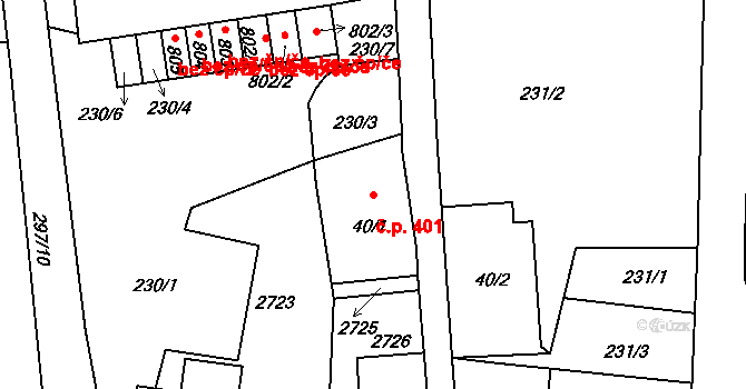 Lučany nad Nisou 401 na parcele st. 40/1 v KÚ Lučany nad Nisou, Katastrální mapa