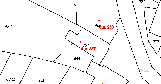 Stonařov 287 na parcele st. 457 v KÚ Stonařov, Katastrální mapa