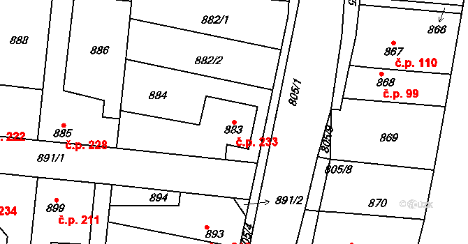 Dubí 233, Kladno na parcele st. 883 v KÚ Dubí u Kladna, Katastrální mapa
