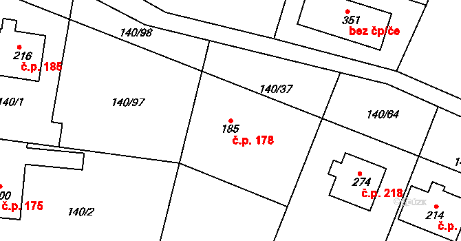 Kojetice 178 na parcele st. 185 v KÚ Kojetice u Prahy, Katastrální mapa