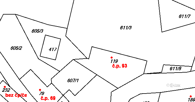 Broumy 93 na parcele st. 119 v KÚ Broumy, Katastrální mapa