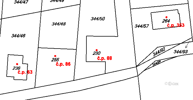 Mšené-lázně 88 na parcele st. 230 v KÚ Mšené-lázně, Katastrální mapa