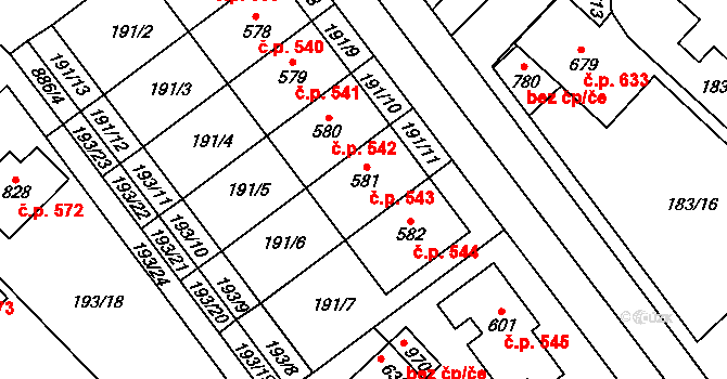 Hrotovice 543 na parcele st. 581 v KÚ Hrotovice, Katastrální mapa