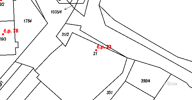 Roučkovice 23, Pacov na parcele st. 21 v KÚ Roučkovice, Katastrální mapa