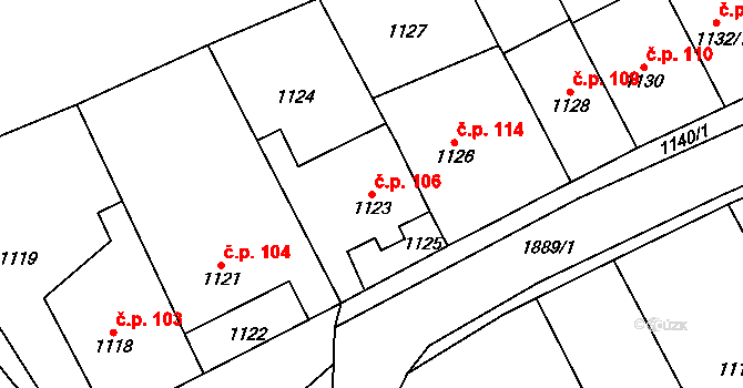 Dubeč 106, Praha 6 na parcele st. 1123 v KÚ Dubeč, Katastrální mapa