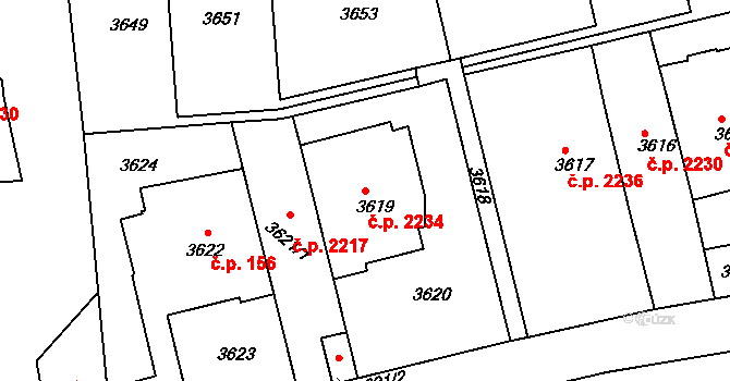 Smíchov 2234, Praha na parcele st. 3619 v KÚ Smíchov, Katastrální mapa