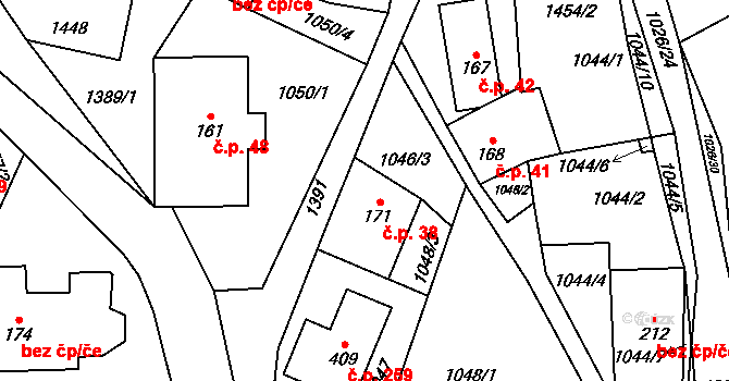 Černý Důl 38 na parcele st. 171 v KÚ Černý Důl, Katastrální mapa