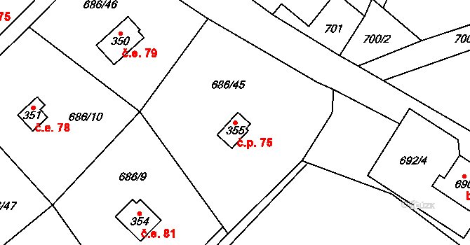 Halouny 75, Svinaře na parcele st. 355 v KÚ Svinaře, Katastrální mapa