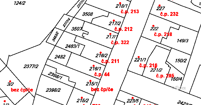 Rosice 211 na parcele st. 216/2 v KÚ Rosice u Brna, Katastrální mapa