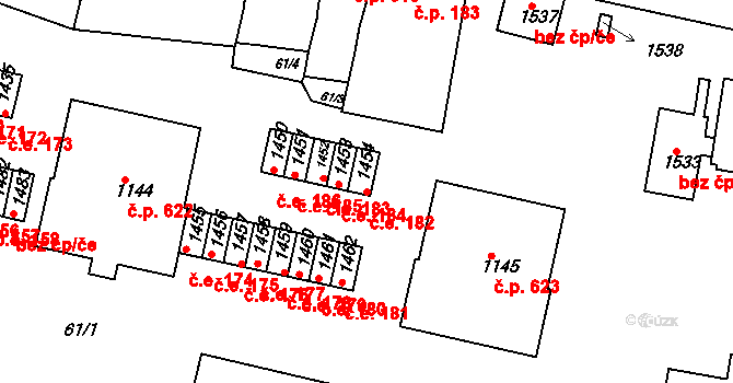 Rosice 182 na parcele st. 1454 v KÚ Rosice u Brna, Katastrální mapa