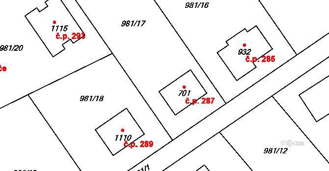Želivec 287, Sulice na parcele st. 701 v KÚ Sulice, Katastrální mapa