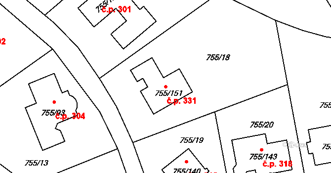 Chomoutov 331, Olomouc na parcele st. 755/151 v KÚ Chomoutov, Katastrální mapa