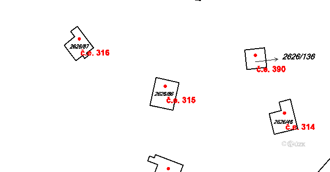 Doksy 315 na parcele st. 2626/86 v KÚ Doksy u Máchova jezera, Katastrální mapa