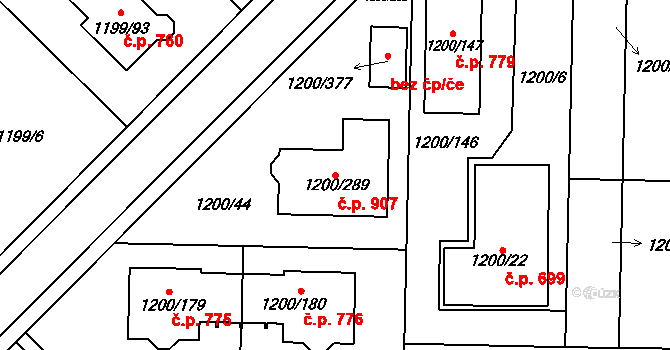 Vejprnice 907 na parcele st. 1200/289 v KÚ Vejprnice, Katastrální mapa