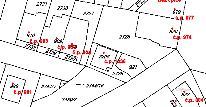Rosice 1335 na parcele st. 2208 v KÚ Rosice u Brna, Katastrální mapa