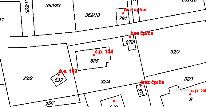 Chocerady 134 na parcele st. 538 v KÚ Chocerady, Katastrální mapa