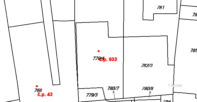 Žebětín 933, Brno na parcele st. 779/4 v KÚ Žebětín, Katastrální mapa