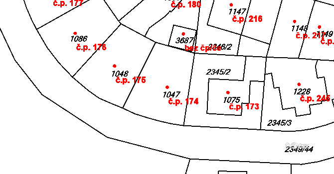Týnské Předměstí 174, Domažlice na parcele st. 1047 v KÚ Domažlice, Katastrální mapa