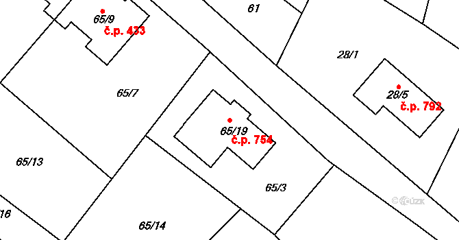 Jirny 754 na parcele st. 65/19 v KÚ Jirny, Katastrální mapa