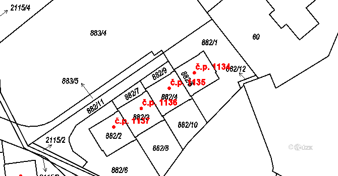 Ruzyně 1135, Praha na parcele st. 882/4 v KÚ Ruzyně, Katastrální mapa