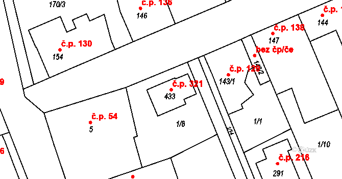 Tachlovice 321 na parcele st. 433 v KÚ Tachlovice, Katastrální mapa