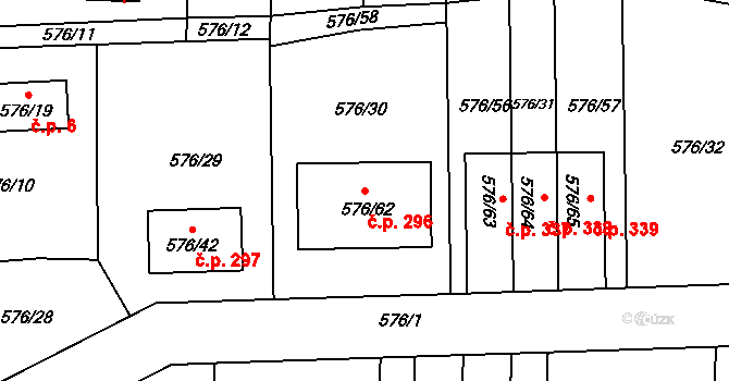 Stehelčeves 296 na parcele st. 576/62 v KÚ Stehelčeves, Katastrální mapa