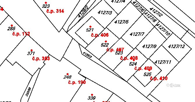 Boleradice 407 na parcele st. 522 v KÚ Boleradice, Katastrální mapa