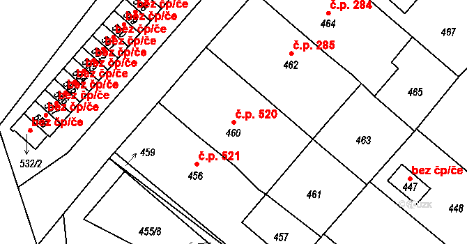 Lednice 520 na parcele st. 460 v KÚ Lednice na Moravě, Katastrální mapa