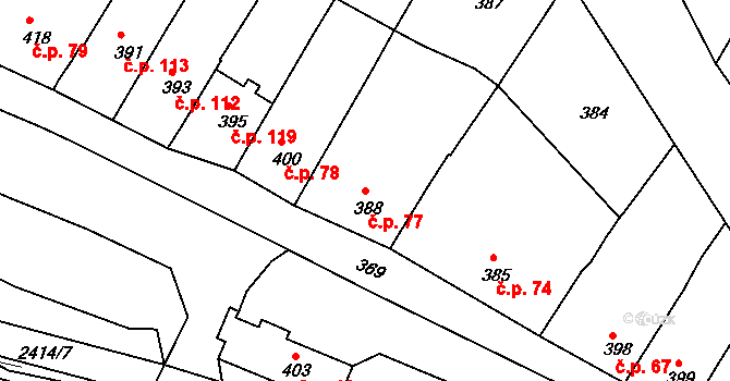 Popovice 77, Rataje na parcele st. 388 v KÚ Popovice u Kroměříže, Katastrální mapa