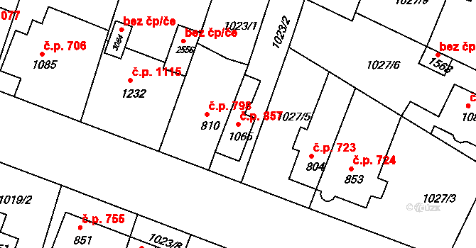 Bystřice pod Hostýnem 857 na parcele st. 1065 v KÚ Bystřice pod Hostýnem, Katastrální mapa