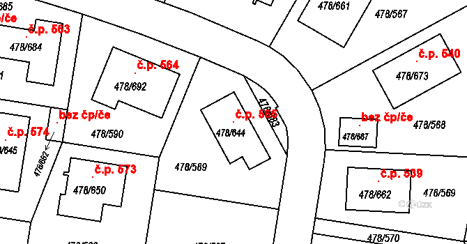 Roudné 565 na parcele st. 478/644 v KÚ Roudné, Katastrální mapa