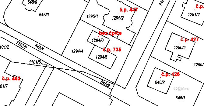 Hřebeč 735 na parcele st. 1294/5 v KÚ Hřebeč, Katastrální mapa