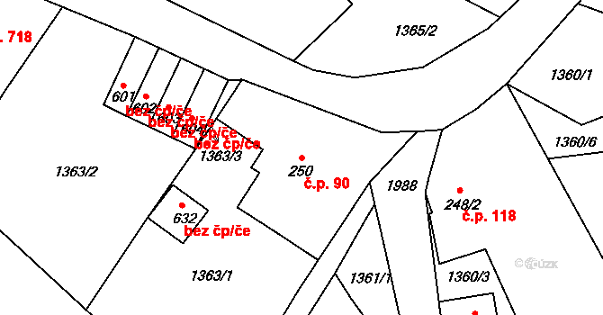 Dolní Maxov 90, Josefův Důl na parcele st. 250 v KÚ Dolní Maxov, Katastrální mapa