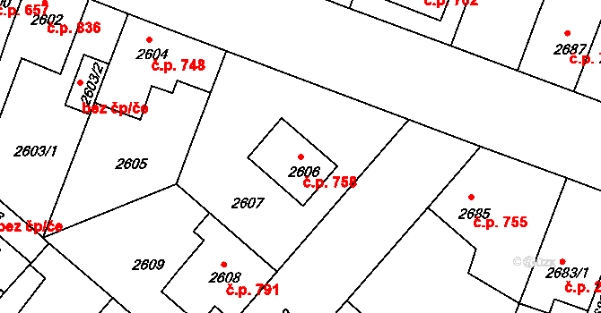 Čelákovice 758 na parcele st. 2606 v KÚ Čelákovice, Katastrální mapa