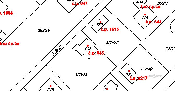 Struhařov 645, Kamenice na parcele st. 402 v KÚ Štiřín, Katastrální mapa