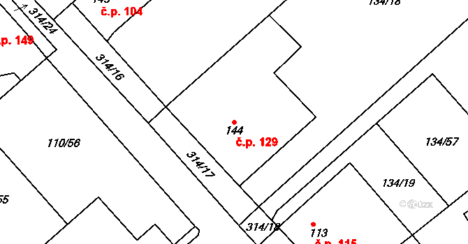 Mratín 129 na parcele st. 144 v KÚ Mratín, Katastrální mapa