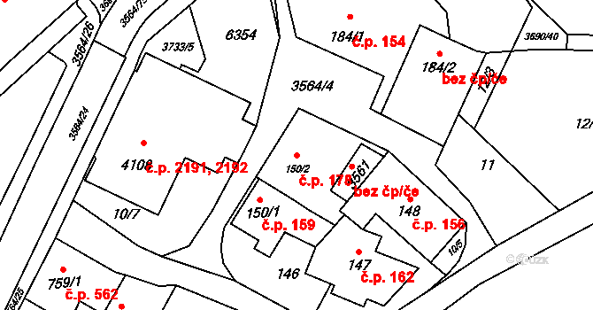 Rožnov pod Radhoštěm 178 na parcele st. 150/2 v KÚ Rožnov pod Radhoštěm, Katastrální mapa