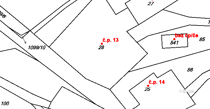 Budislav 13 na parcele st. 28 v KÚ Budislav u Litomyšle, Katastrální mapa