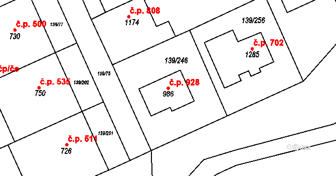 Podklášteří 928, Třebíč na parcele st. 986 v KÚ Podklášteří, Katastrální mapa