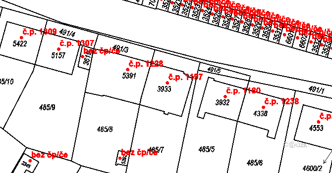 Horka-Domky 1197, Třebíč na parcele st. 3933 v KÚ Třebíč, Katastrální mapa