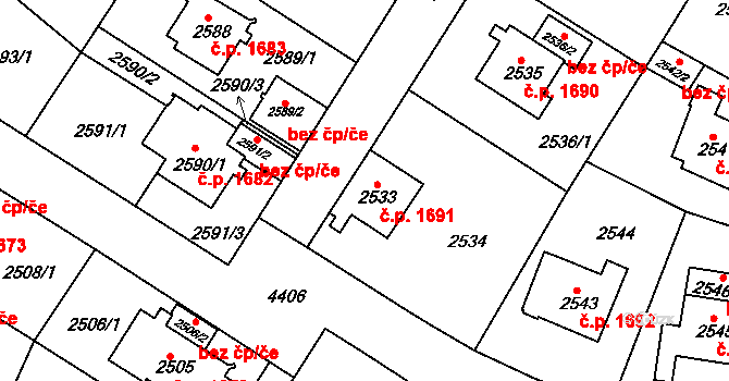 Teplice 1691 na parcele st. 2533 v KÚ Teplice, Katastrální mapa
