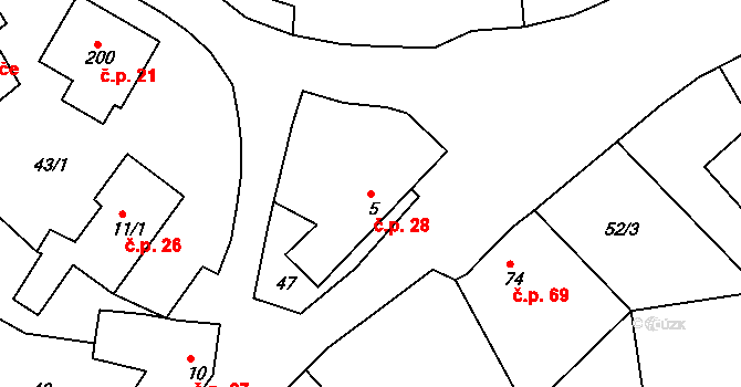 Borek 28, Rokycany na parcele st. 5 v KÚ Borek u Rokycan, Katastrální mapa