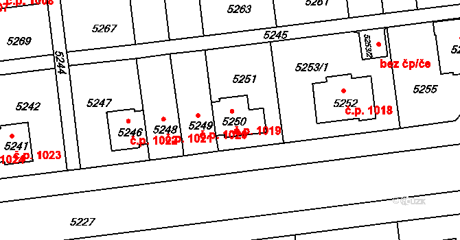 Záběhlice 1019, Praha na parcele st. 5250 v KÚ Záběhlice, Katastrální mapa